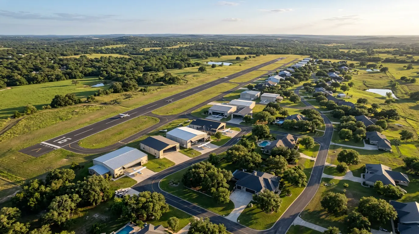 Aerial view of a residential airpark with hangars along a runway