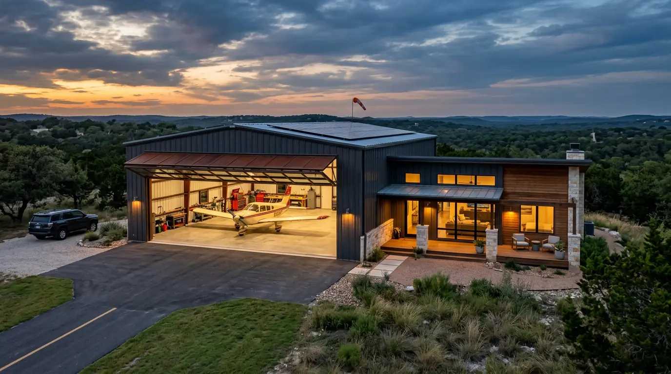 A hangar home with an airplane inside and attached living quarters at dusk
