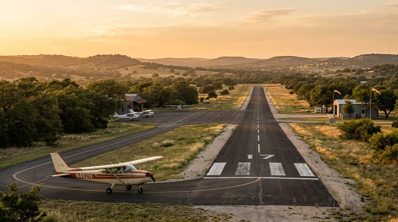 A small hill-country airport runway at golden hour